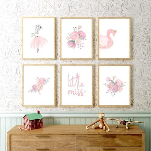 Ballerina Floral Watercolor Wall Art Pictures Canvas Painting Pink Gold Flower Art Poster Prints Baby Girl Nursery Wall Decor