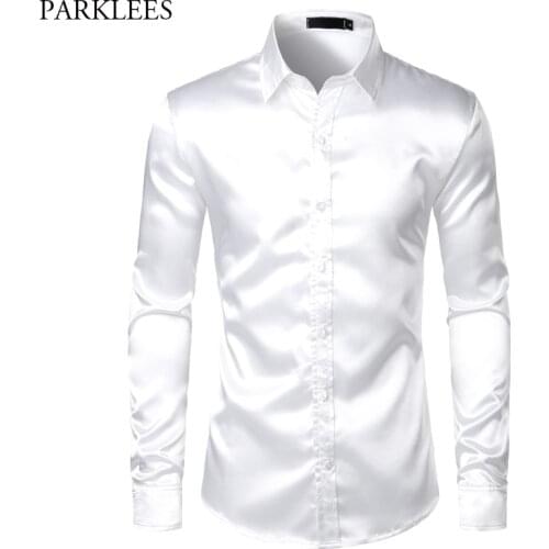 White Silk Satin Tuxedo Shirt Men 2019 Brand Long Sleeve Fitted Mens Dress Shirts Wedding Party Dance Male Casual Shirt Chemise