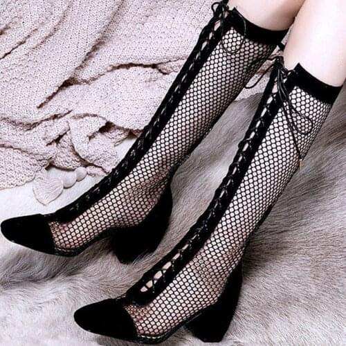 Long boots womens sandals spring and autumn summer high-heeled shoes single shoes breathable mesh high-end sandals boots women