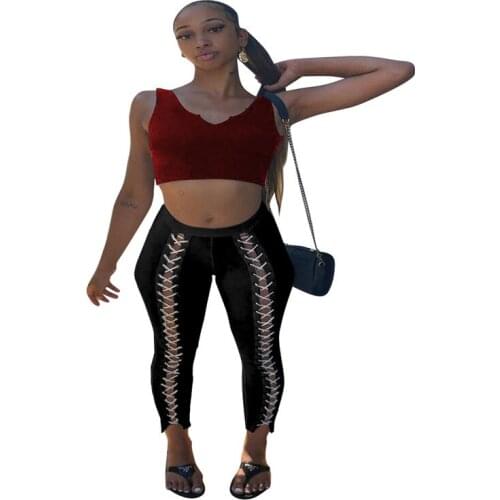 Front Hollow Out Lace-Up High Waist Pants Vintage Casual Sexy Woman Trousers Fashion Cool Girl Streetwear