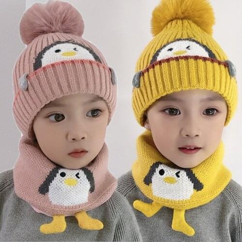 Cute Penguin Kids Baby Hat and Scarf Set Winter Warm Children Girls Boys Woolen Knitted Beanies Hats Caps Scarves Two Piece Set