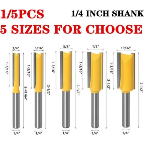 1-5pcs 1/4 Inch Shank Straight Bit Set Tungsten Carbide Double Flute Router Bit Wood Milling Cutter for Woodwork Tools