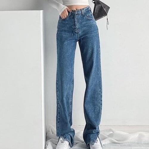 Women Straight Denim Pants Split Solid High Waist Girls Long Jeans Trousers Wide Leg Heart Embroidery Loose Casual Spring Ladies