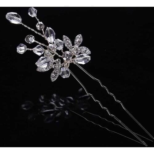 FORSEVEN Fashion Women Rhinestone Hairpins Hair Clips Silver Color Leaf Shape Bidal Wedding Dress Hair Jewelry Accessories