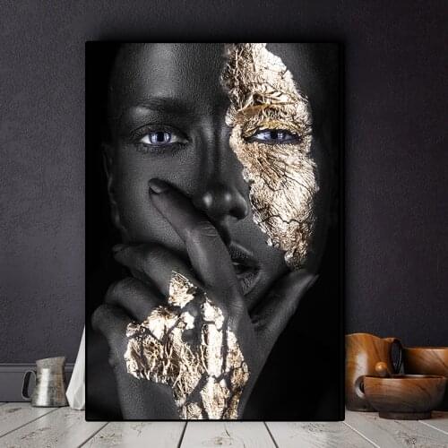 African Art Black and Gold Woman Oil Painting Poster Printing Oil Painting Wall Pictures for Living Room Frameless Mirrors
