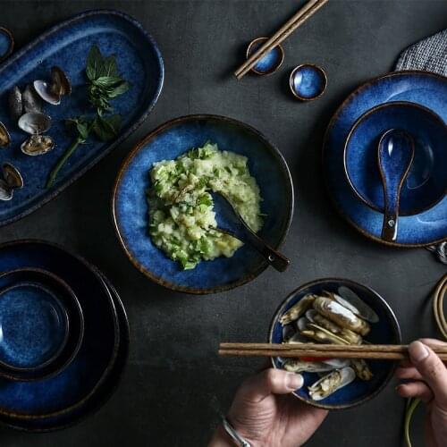 Ceramic Deep Blue Rice Noodle Bowl Cup Sauce Dish Dinner Set Tableware