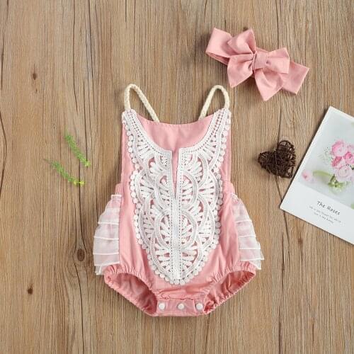 Infant Baby Sleeveless Romper Embroidery 2pcs Set Jumpsuits Children Infant Mesh Bodysuit Hair Band for Toddler Kids Outwear