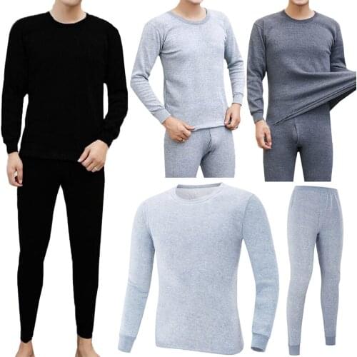 Men Winter Pajama Sets Thermal Suit Circular Collar Pure Color Cashmere Underwear Set Leisure Autumn Warm Sleepwear Set Pajamas
