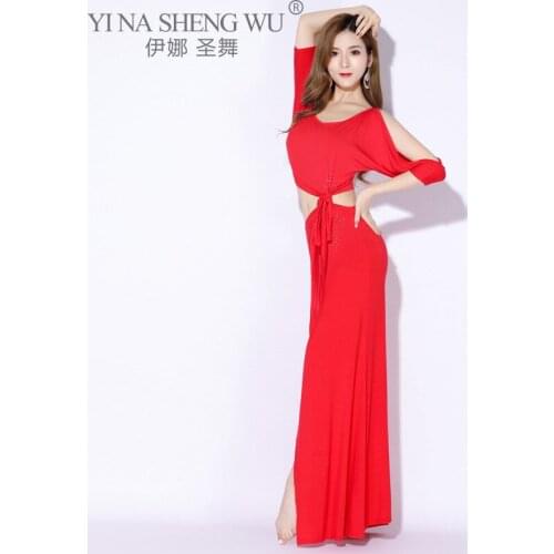 Belly Dance Suit Round Neck Top Long Dress Performance Clothes Set Adult Female Elegant Dress Profession Competition Clothing