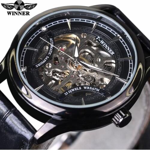 2018 New Hand Wind Skeleton Mens Watches Vintage Dress Reloj Luxury Black Dial Leather Band Mechanical Watch Sports Clock