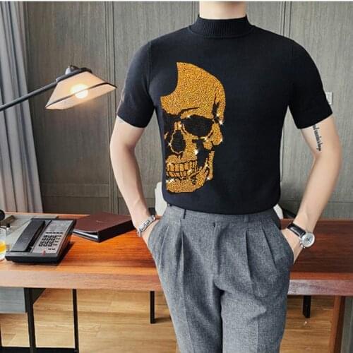 Mens Half-High Neck Pullover Short-Sleeved Sweater For Autumn And Winter Knitted Fabric Youth Hip-Hop Trend Shiny Hot Diamond