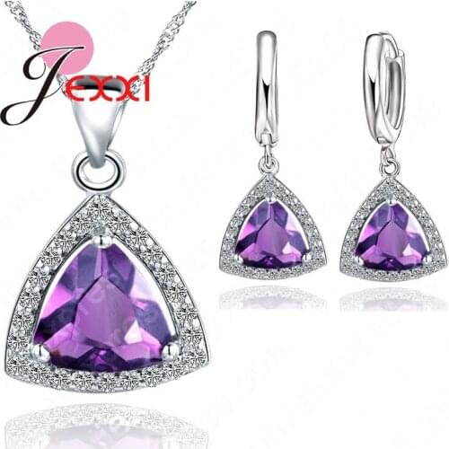 Pure 925 Sterling SIlver Jewelry Sets Shiny Triangle Cubic Zirconia Necklace Earrings Bridal Women Wedding Jewellery