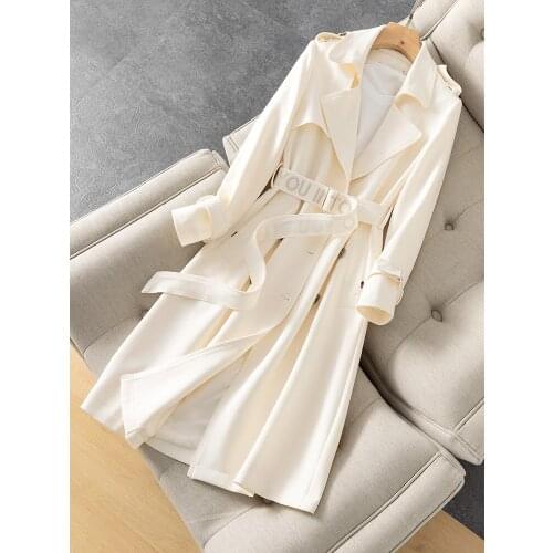 2021 Autumn New Off White Drape Anti Wrinkle Windbreaker Womens Middle Long Temperament Waist Down Slim Coat