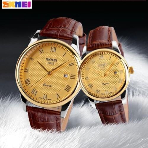 New SKMEI Lovers Watches Luxury Brand Quartz Watch For Men Women Fashion Casual Leather Dress Wristwatches Gold Black 2PCS