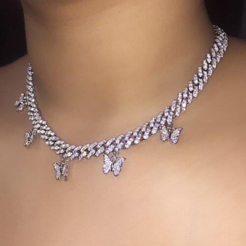 Silver Color Cute Butterfly Miami Cuban Link Necklace Jewelry Iced Out Bling Crystal Animal Chunky Chain Choker For Women Gifts