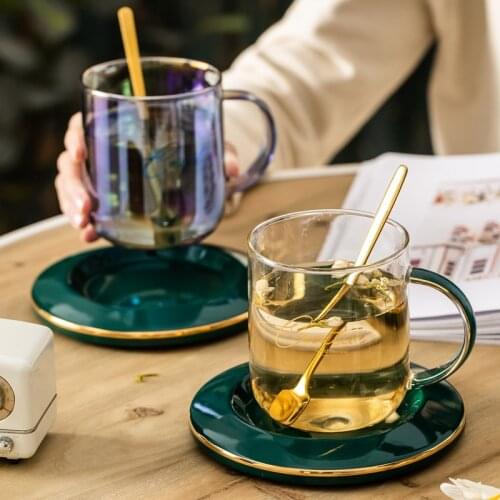 Nordic Light luxury colorful glass cup heat resistant flower tea water cup juice Mug tracing gold rimmed Cup Saucer Set