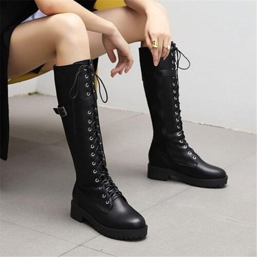 PXELENA 2020 Autumn Buckle Knee High Riding Knight Boots Med Heel Shoes Lace Up Military Combat Motorcycle Boots Plus Size 34-43