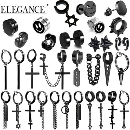 Elegance 1 Pair Punk Black-color Multiple Styles Stainless Stud Earrings For Men and Women Gothic Street Pop Hip Hop Ear Jewelry