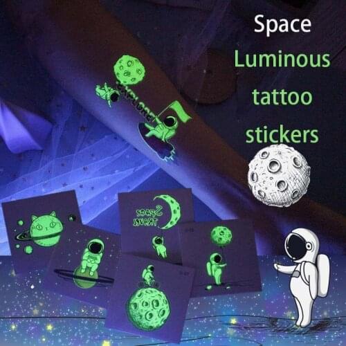 Space Luminous Tattoo Sticker Waterproof Astronaut Fake Tattoo Universe Temporary Tattoo Spaceship Tattoos Cute Stickers for Kid