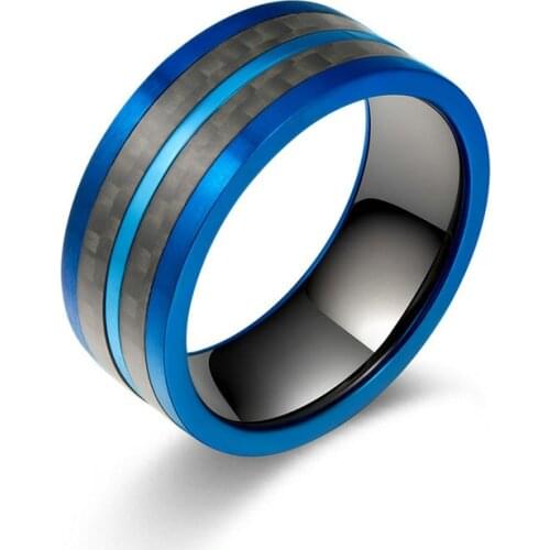 Koaem High Quality Stainless Steel Jewelry Two Tone Color Plated Inlay Carbon Fiber Ring Blue and Black Wedding Ring For Men