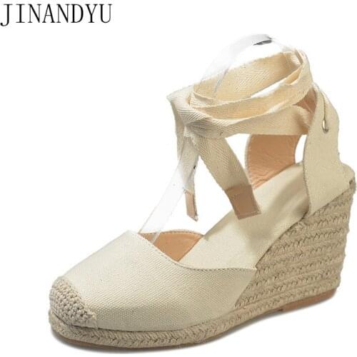 Linen Grass Wedges Sandals for Women High Heels Big Size 43 Casual Shoes Woman Lace Up Heels Comfort Red Black Women Sandal