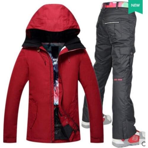 Womens wine red black skiing suit female skateboarding riding ski jacket with black ski pants ski suit skiwear skating snow suit