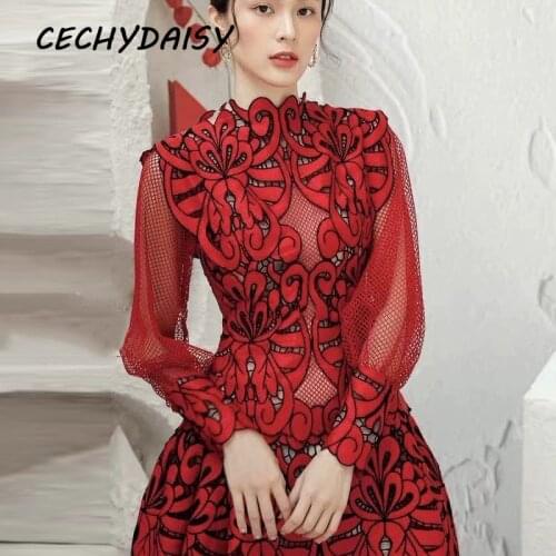 Lace Dress Women Red 2021 Spring New Fashion Long Sleeve Hollow Out Sexy Lantern Sleeve Vintage Party Mini Dresses Y2k Vestidos