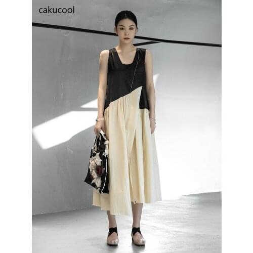 Cakucool dark cut edge open line color matching Fairy Show thin vest dress temperament sleeveless irregular party dress elegant