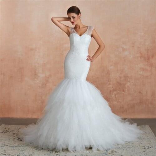 New Fashion V-Neck Mermaid Long Slim Tulle Wedding Dresses Lace Up Back Plus Size Bridal Gowns Custom Made Garden