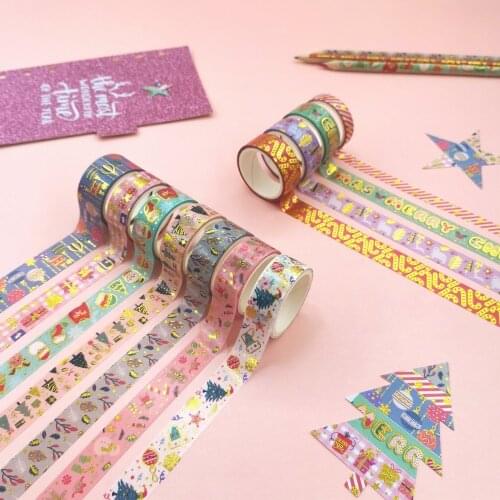 11pcs/set Merry Christmas Gold Foil Washi Tape Snowflake Reindeer Stripes Masking Tape Stationery Scrapbooking