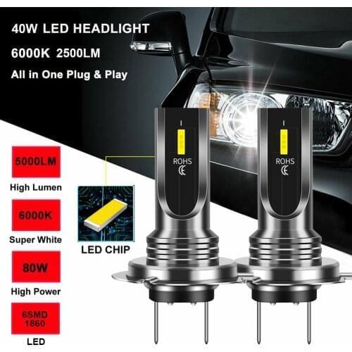 2Pcs 80W 1860 CSP 5000LM Waterproof Super Bright 6000K White Replacement Fog Lights DRL H7 LED Headlight Bulb Auto Accessories