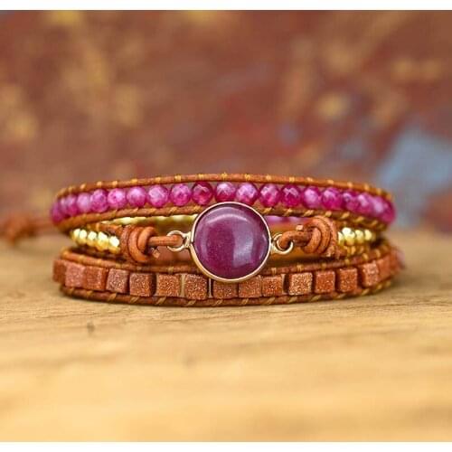 4Unik Red Jade Emperial Jasper Natural Stone Crystal Bead Womens Multi Wrap Bracelet Leather Strap 4UN-B327
