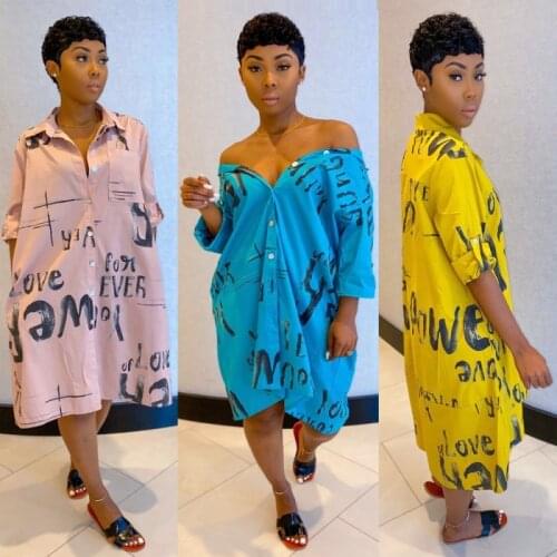 African Dresses For Women A-Line Dress Women Casual letter Shirt Dresses Long Sleeve Plus Size women dress african clothing