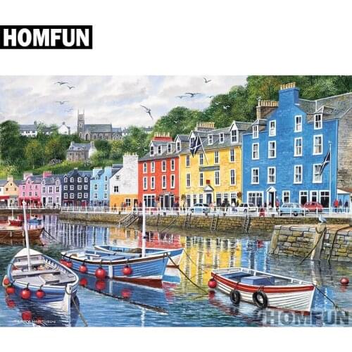 HOMFUN Full Square/Round Drill 5D DIY Diamond Painting "Boat & town" Embroidery Cross Stitch 5D Home Decor Gift A01712
