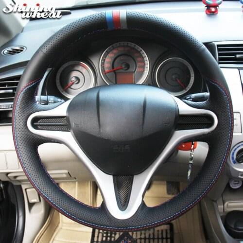 BANNIS Black Leather Blue Red Gray Marker Car Steering Wheel Cover for Honda Fit 2009-2013 City Jazz
