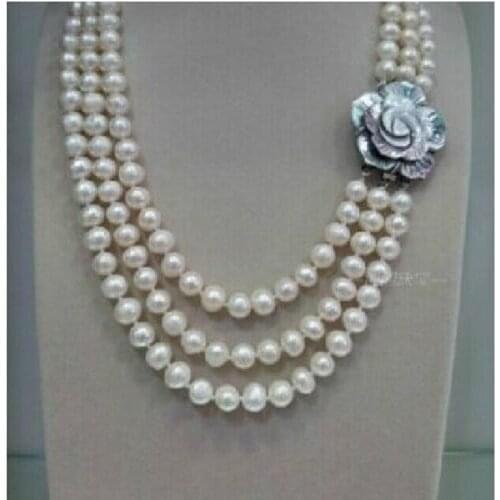 FREE SHIPPING>>>@@ > N2039 triple strands 8-9mm natural Australian south sea white pearl necklace
