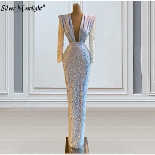 Middle East Deep V Neck Long Evening Dresses Women Long Sleeves Mermaid Prom Dress For Celebrity Party Gowns Vestidos De Fiesta