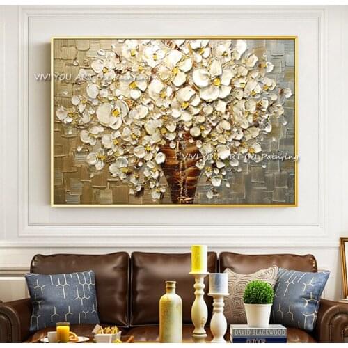 Large best 100% Hand painted thick Knife Flower Oil Paintings golden tree Wall pictures on Canvas for living Room Decoration