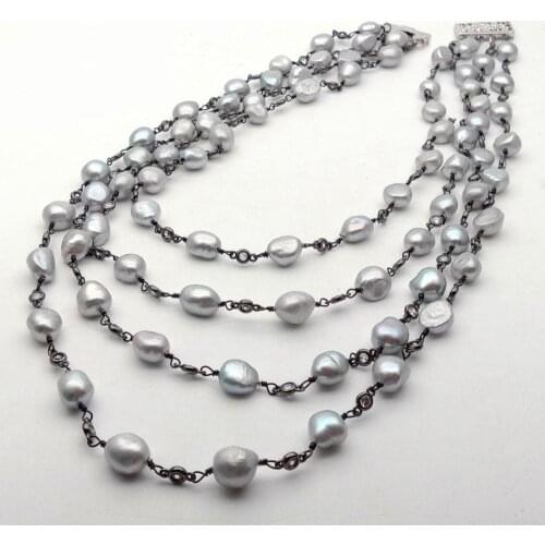 YYGEM 18" 4 Strands natural Gray Baroque Freshwater Pearl cubic zirconia pave Gumetal Chain statement Necklace for women