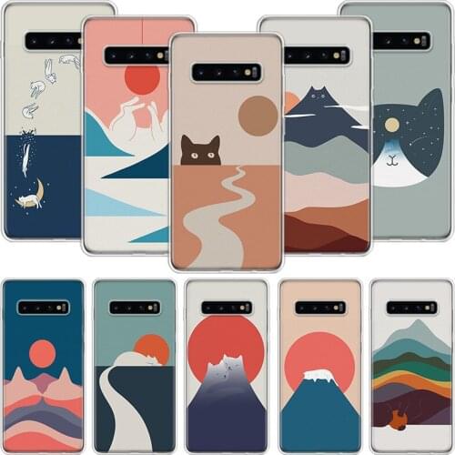 Abstract Art Cat Mount Fuji Japan Landscape Phone Case For Samsung Galaxy S10 S20 S21 S9 S8 S7 Note 10 20 9 8 FE J4 J6 Ultra Plu