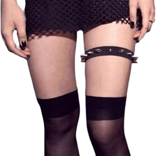 Gothic Punk Womens Sexy Faux Leather Leg Garter Belt Spiked Rivet Stud Elastic Thigh Ring Lingerie Adjustable Suspender Costume