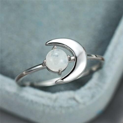 Cute Female Real Small Natural Moonstone Ring 100% 925 Sterling Silver Love Engagement Ring Vintage Moon Round Rings For Women