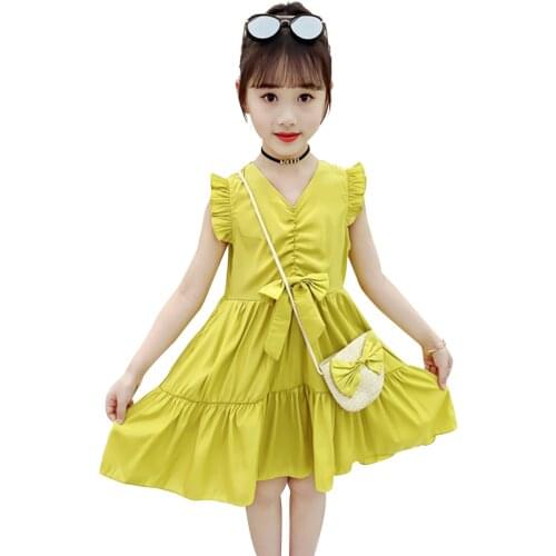 Girl Summer Dresses With Bow Dress For Girl Casual Style Children Dresses V Neck Costumes For Girls 6 8 10 12 14