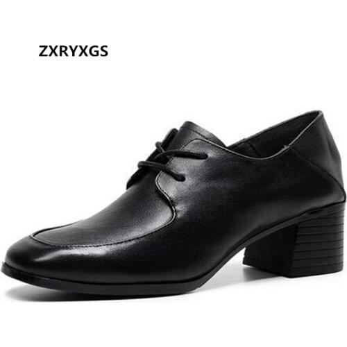 Best Sale 2020 New British Style Top Cowhide Leather Shoes Women High Heel Shoes Retro Casual Temperament Non-slip Women Shoes