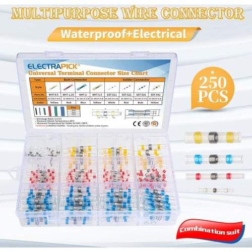 50/250pcs Heat Shrink Butt Solder Seal Wire Connectors Solder Connector Kit Automotive Marine Insulated Kit