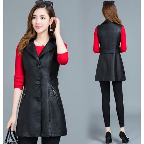 2020 New Female Leather Vest Long Slim Womens Leather Jacket Fashion Plus Size Womens Clothing Wild Womens Leather Vest Black
