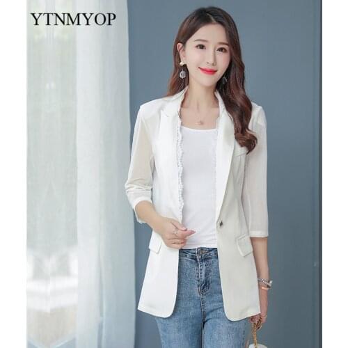 Blazers For Women Spring And Summer Three Quarter V-Neck White Jacket Female Slim Office Lady Lace Suit Coat YTNMYOP