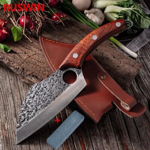 Stainless Steel Hammer Pattern Chef Knife Butcher Meat Boning Knife with Solid Wood Handle Kitchen Cutting Cooking Tools