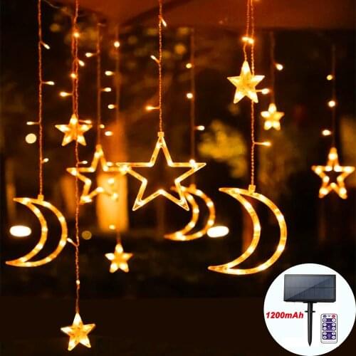 3.7V/1200mAh Solar Panel Curtain Light Moon Star 123 LED String Light Remote Waterproof Decorate Christmas Party Garden Light