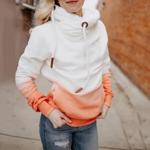 Contrast Stitching Hooded Turtleneck Sweater Women Casual Solid Contrast Long Sleeve Hoodie Sweatshirt Tops Female Hooded Jumper